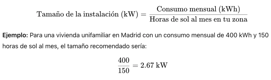 Fórmula cálculo instalación solar